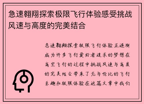 急速翱翔探索极限飞行体验感受挑战风速与高度的完美结合